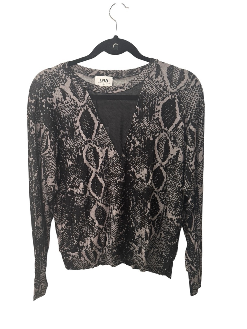 LNA NWT Top Womens Small Long Sleeve Shirt Mesh V Neck Black Gray Snake Print S